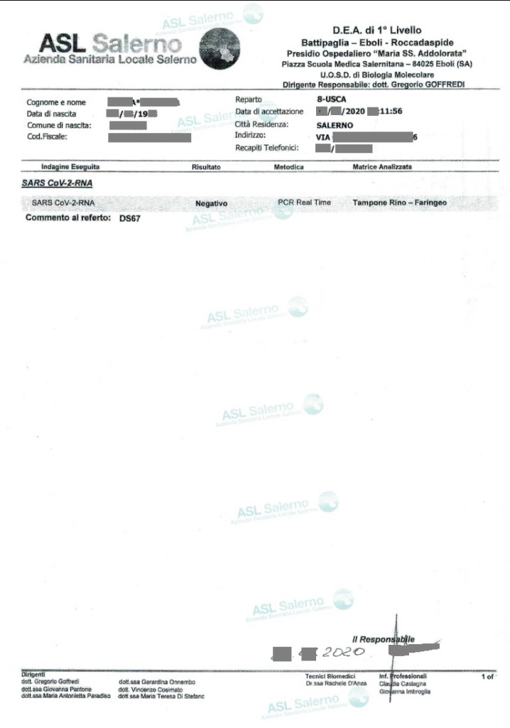 Traduzione Giurata o/e Certificata del risultato del test o del tampone COVID SARS-CoV-2